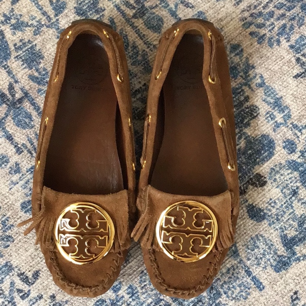 Tory Burch Brown Suede Moccasins with Gold Accent size 6 1/2